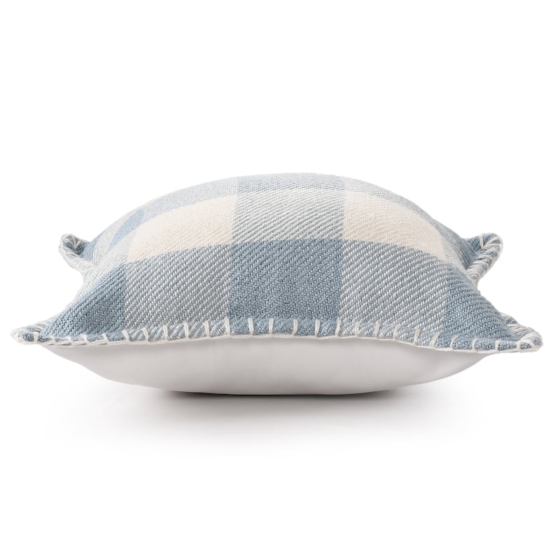 Sevita Hand-Woven Light Blue/Ivory Plaid Polyester Indoor/Outdoor Throw Pillow