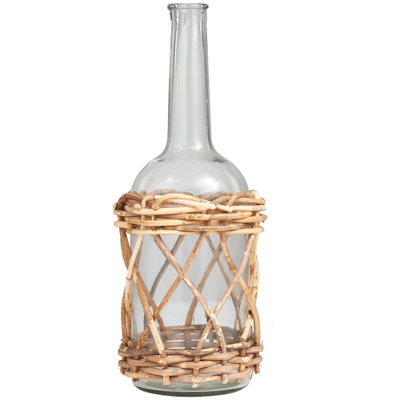 Clear Glass Handmade Tall Vase with Brown Rattan Woven Lower Body