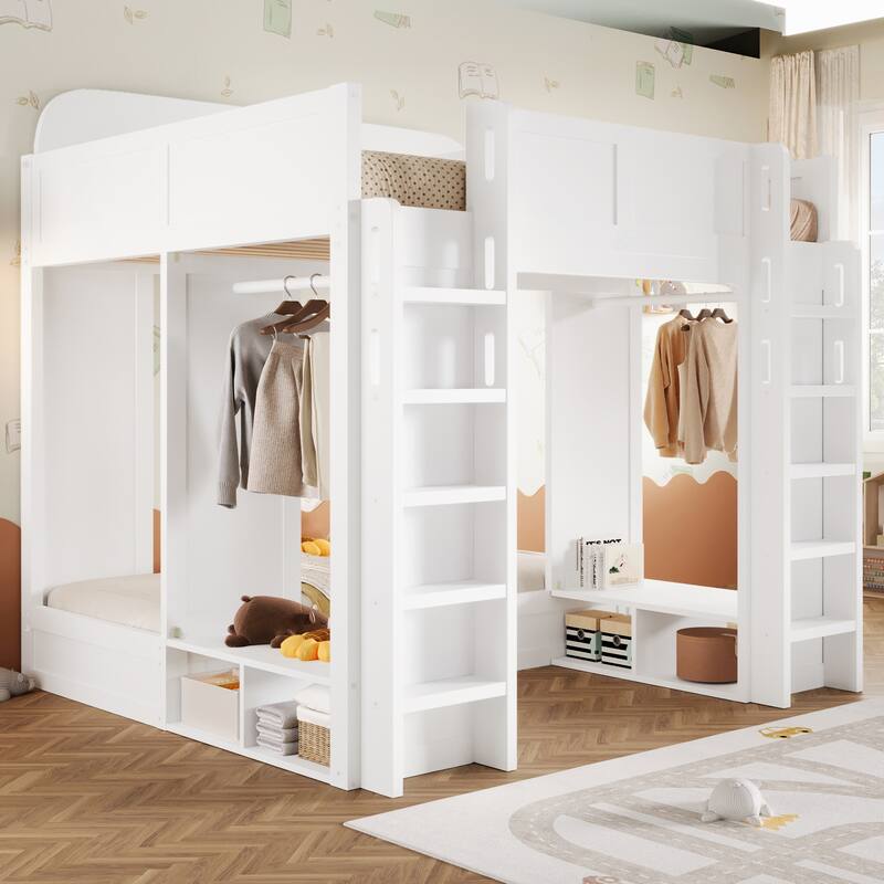 Roomfitters Triple Bunk Bed with Twin, Twin and Twin XL Beds, Storage Shelves and Hooks