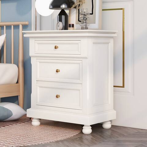 Nightstands End/Side Tables for Living Room Bedside with Three Storage Drawer, Vintage Accent Furniture, Solid Wood Legs