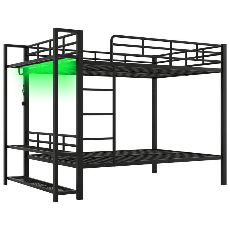 Full Over Full Size Bunk Bed with Storage Mesh Shelves and Clothes Hooks, LED Light - Metal Bed Frame with Metal Slat Support