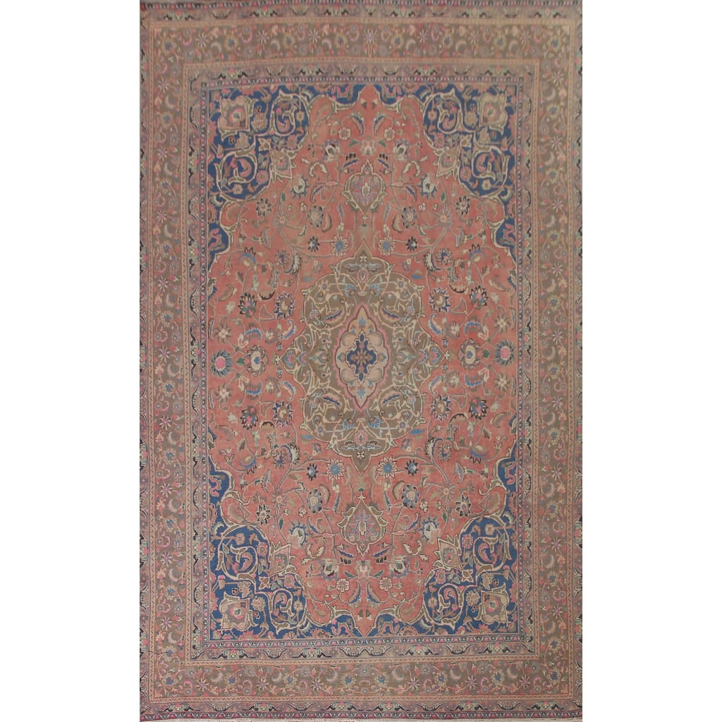 Traditional Mashad Persian Vintage Area Rug Hand-knotted Wool Carpet - 8'10" x 12'7"