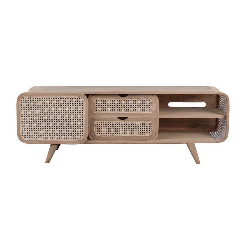 59 Inch TV Entertainment Console, Sliding Doors, Teak Wood, Rattan, Brown