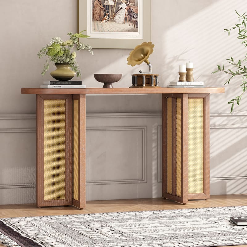 Boho Rattan Console Table, 47.8" Entryway Sofa Table with Oval Top, Narrow Hallway Table for Living Room, Entrance
