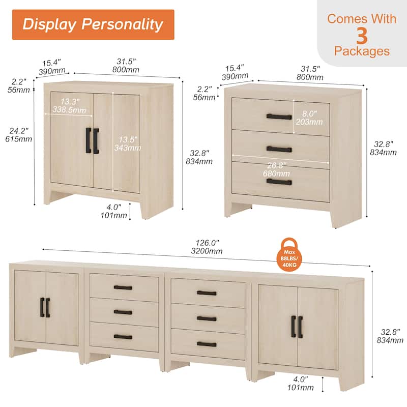 WAMPAT Extra Wide 126" Modern Farmhouse TV Stand,Wood Media Console with 6 Drawers & 2 Double Door Cabinets