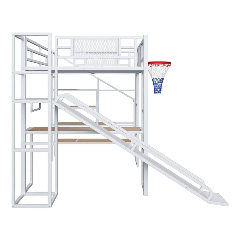 Full Size Metl Loft Bed with Open Wardrobe, Slide and Bulit-in Desk, Kids Loft Bedframe with Basketball Hoop and Storage Shelves