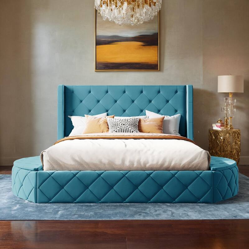 Upholstered Platform Bed Queen Size Storage Velvet Bed with Wingback Headboard and 1 Big Drawer,2 Side Storage Stool - Blue