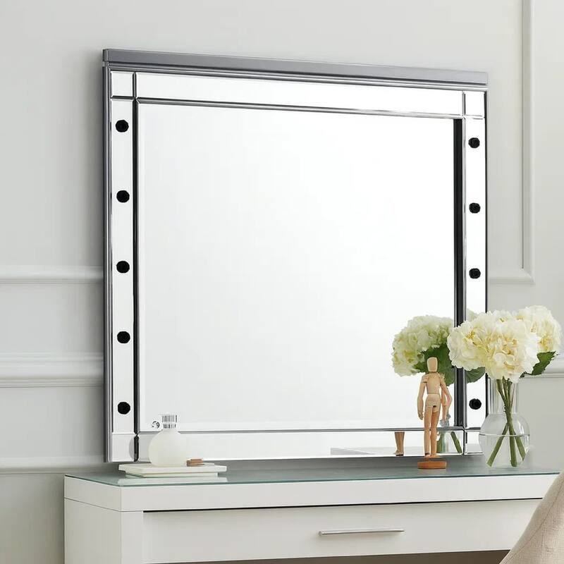 Lee 37 x 40 Vanity Mirror, 10 Light Bulb Sockets, Modern Silver Wood Frame