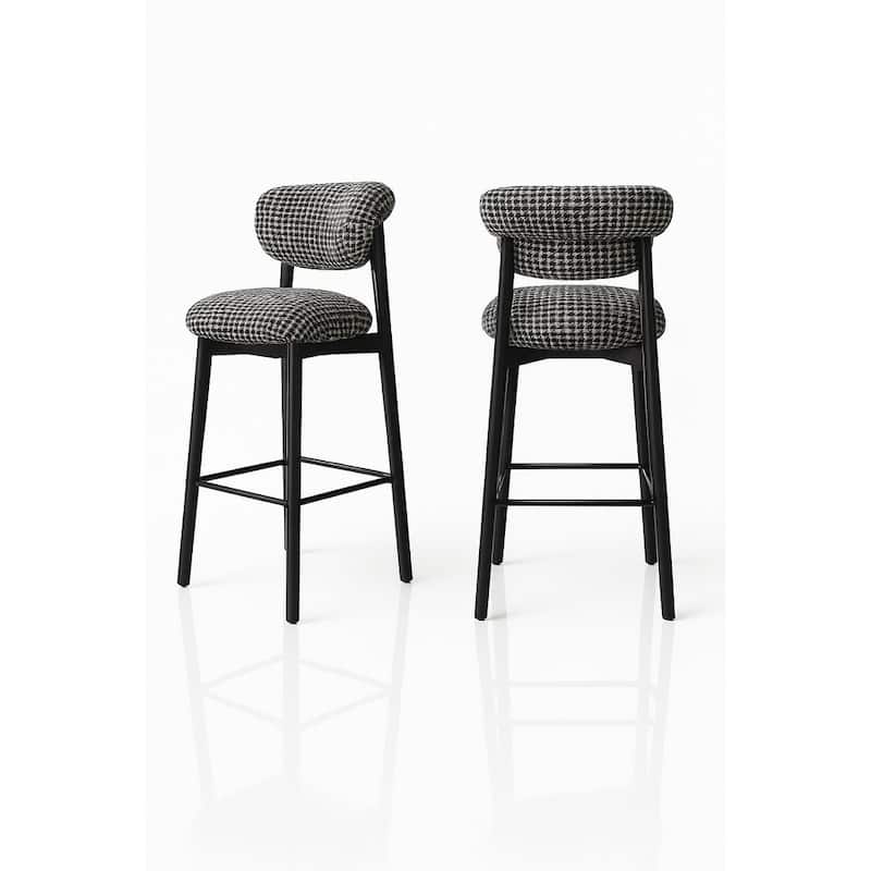 Set Of 2 Upholstered Counter Height Stools With Wood-look Metal Frame, Rolled Backrest, Woven Fabric - N/A