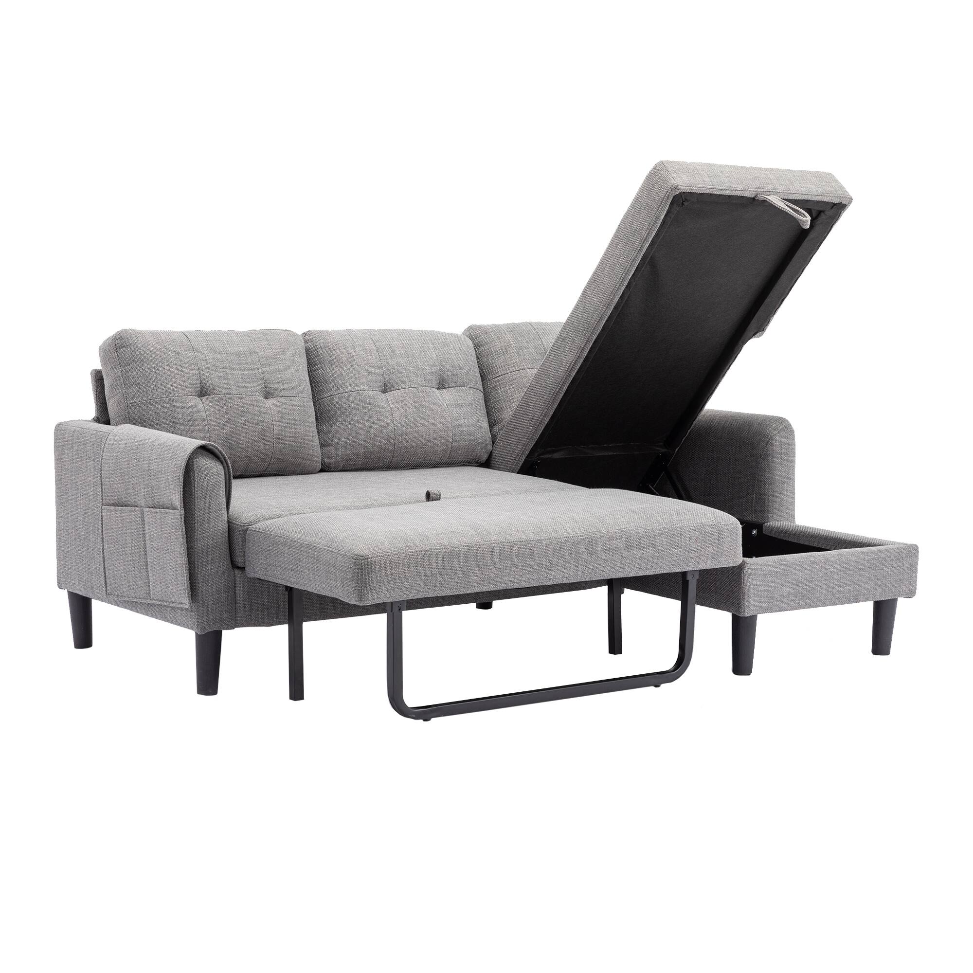 Light Gray Velvet Sectional with PullOut Bed Storage Chaise Sofa