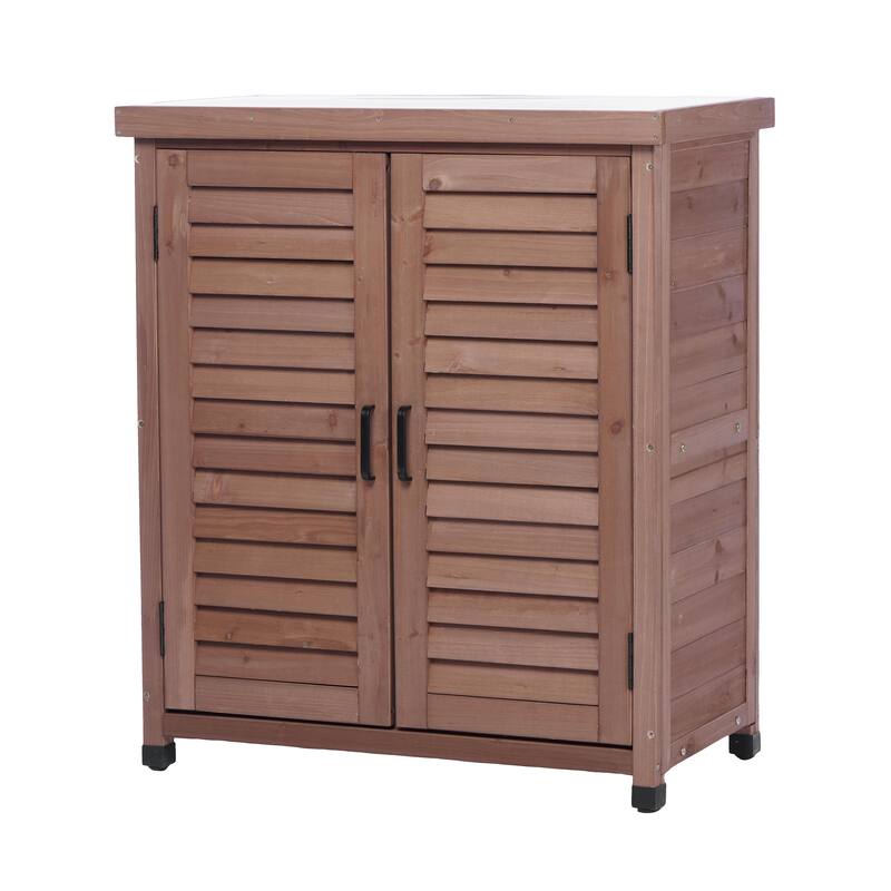 GDF Studio - Outdoor Wooden Potting Bench with Metal Tabletop Workstation and Storage Cabinet