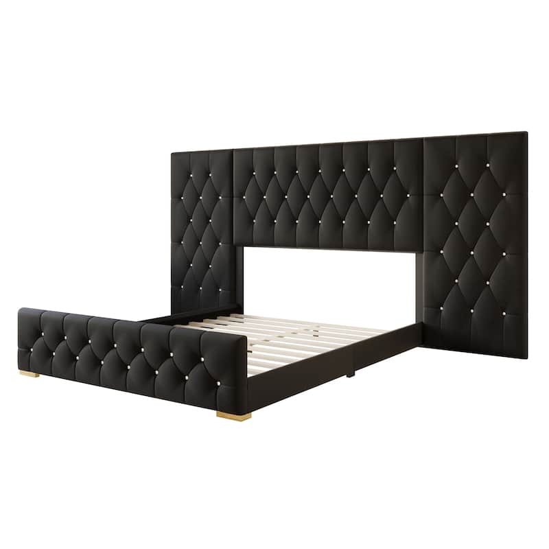 CraftPorch Luxurious Velvet Tufted Platform Bed with Wall Panels - Black - King