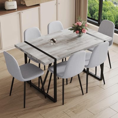 Modern 7-Piece Table & Chair Set for Living Room, Light Luxury Table Set for 6 with Gray Wood Textured Table & 5 Linen Chairs