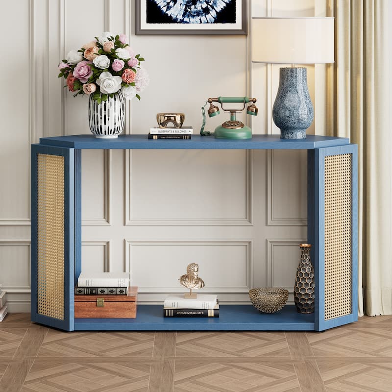 Narrow Console Table with Hexagon Top Design and Rattan Accent, 53.54" Solid Wood Entryway Sofa Table with Open Bottom Shelf