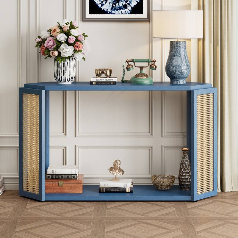 Rattan Console Table, Behind Couch Sofa Table with Unique Irregular Top & Open Storage Shelf Entryway Table Hallway Tables
