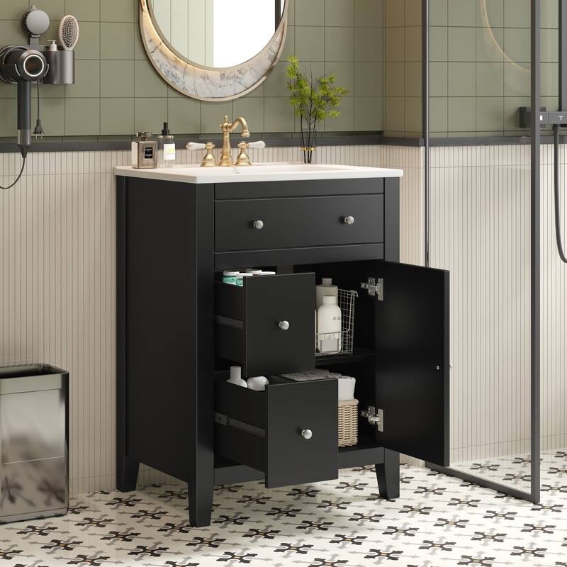 24" Bathroom Vanity with Ceramic Basin, 2 Drawers, Soft-Closing Door - Black