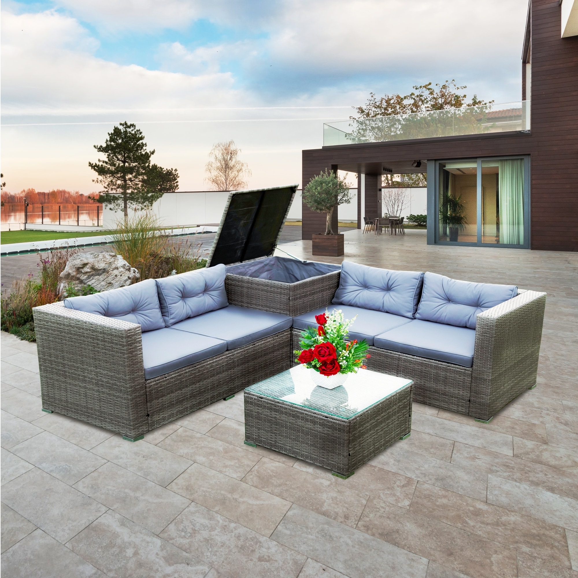 Patio 4-piece Sectional Storage Wicker Furniture Sofa Set-image