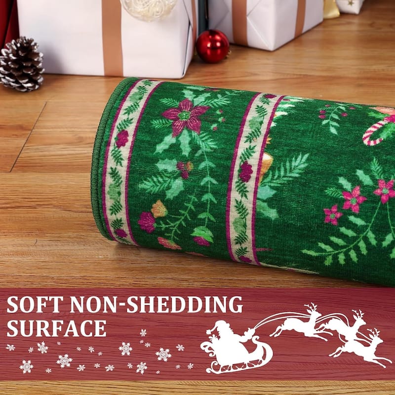 Soft Low Pile Festive Washable Christmas Area Rug for Xmas Holiday Decor, Green