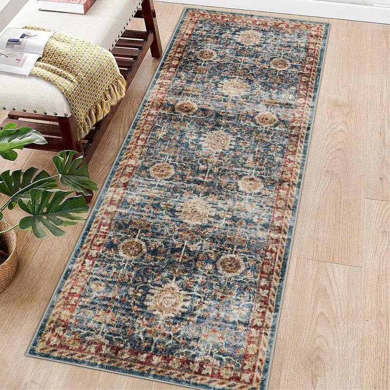 Vintage Boho Washbale Floor Cover Area Rug for Bedroom, Living Room, Dark Blue - 1'6" x 2'6" - Blue 2' x 6'