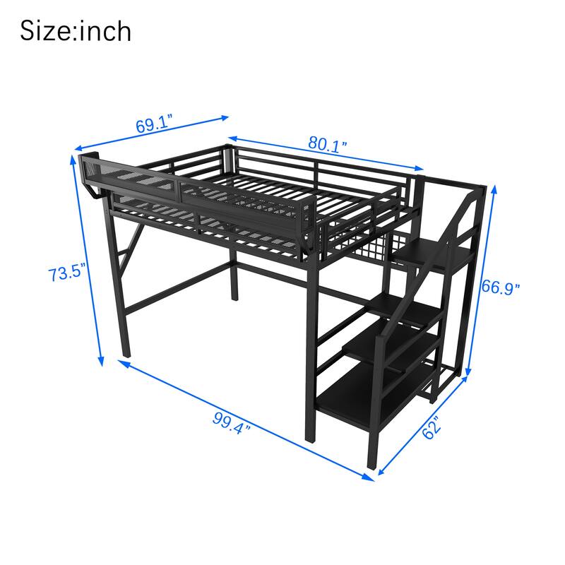 Full / Queen Metal Loft Bed with Stairs Light Storage Wardrobe for Kids Teens Adults