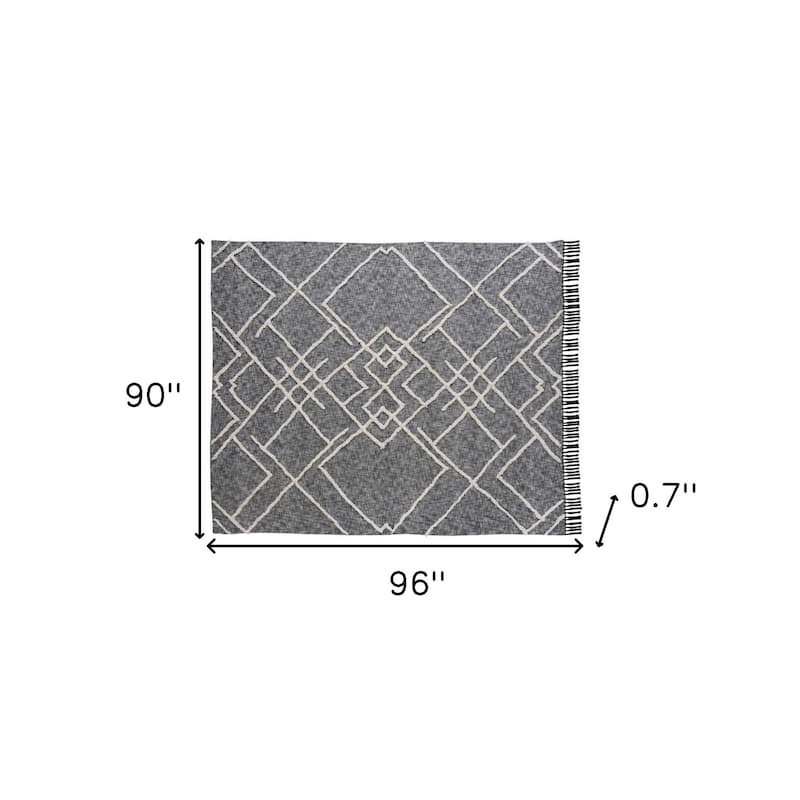 Charcoal and Off White Geometric King Cotton Coverlet With Fringe