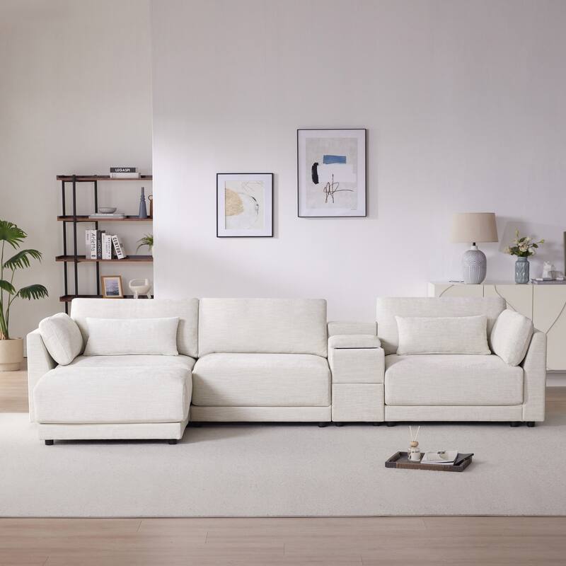 124'' L-Shaped Sectional Sofa Chenille Upholstered Cloud Couches with Multi-Functional Storage Console & Movable Ottoman