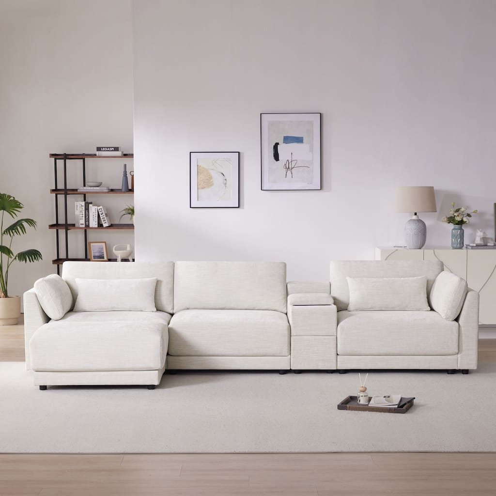 L Shaped Modular Sectional Sofa with Storage Console, Ottoman, USB