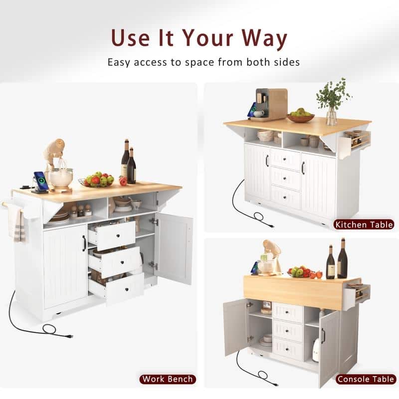 55.7" Rolling Kitchen Island with 2 Drop Leaf Power Outlet Spice Rack and 3 Drawers