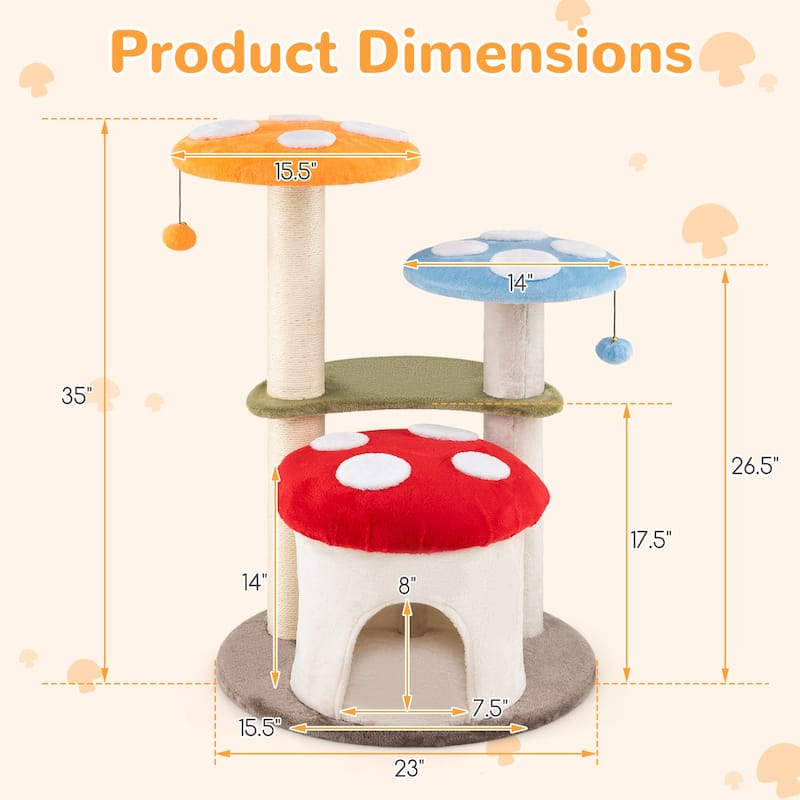 Colorful Mushroom Cat Tree with Multi-Level Platforms and Sisal Scratching Posts 35 Inch