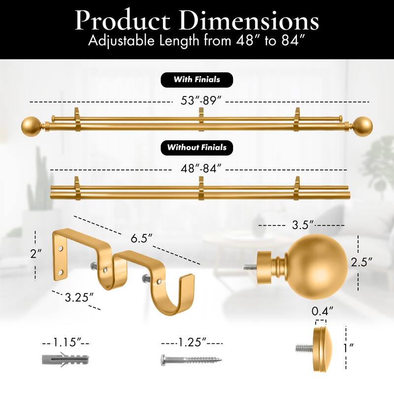 Meriville 1-Inch Diameter Steel Ball Double Window Curtain Rod with Norwood End Cap Finial