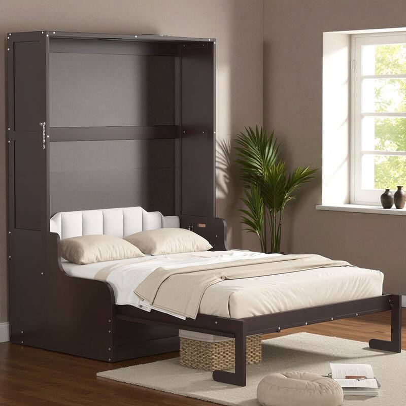 Queen Size Murphy Wall Bed with Folding Cushion Chair, Space-Saving Cabinet Bed for Guest Room or Home Office