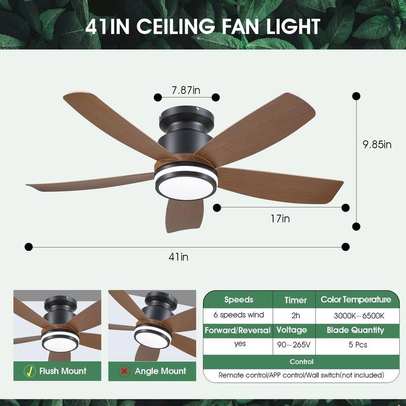 41 Inches Ceiling Fan with Light,5 ABS Blades,Flush Mount Low Profile Ceiling Fan with LED Light and Remote - 41 Inches
