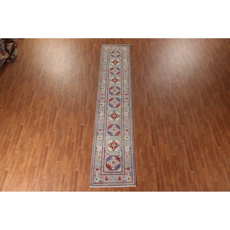 Grey Kazak Runner Rug Handmade Geometric Wool Carpet - 2'9" x 13'5"