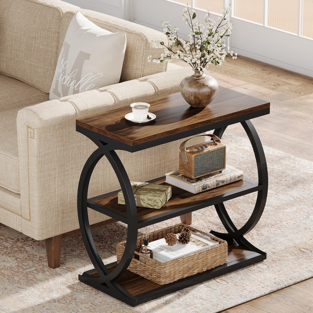 Narrow End Table with 3 Storage Shelves, Small Side Table for Living Room, Small Spaces, Rustic Brown