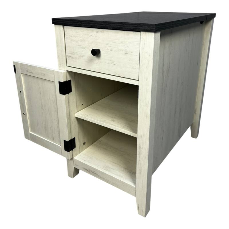 Farmhouse End Table Bedside Table With Charging Station, Night Stand With Barn Door And Drawer