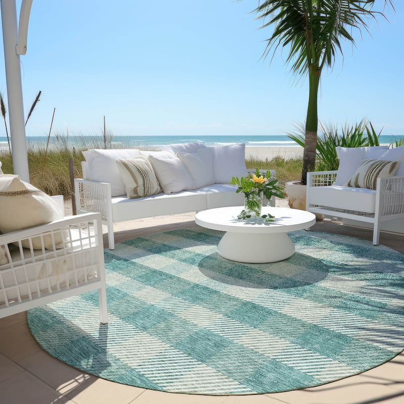 Machine Washable Indoor/ Outdoor Chantille Plaid Stripe Rug - Teal - 8' x 8'