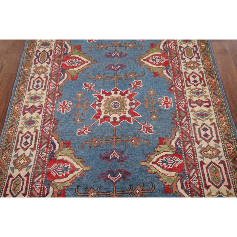 Blue Geometric Kazak Oriental Foyer Rug Handmade Wool Carpet - 2'11" x 4'11"