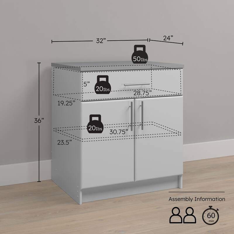 White 36" Cabinet with Adjustable Shelf, Storage Cabinet with Doors, Garage Cabinet with Drawer, Laundry Wood Cabinet - 36 Inch