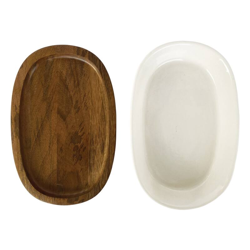 Stoneware Serving Dish with Mango Wood Base