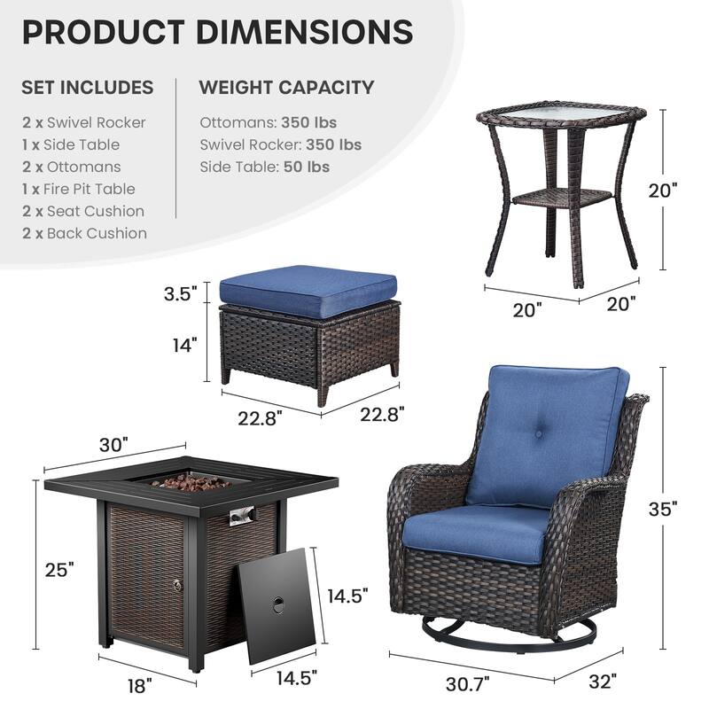 Gymojoy 6-Piece Fire Pit Set with Swivel Chairs, Ottomans & Side Table for Patio, Backyard, Deck