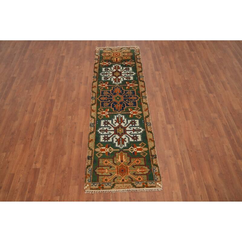 Hand Knotted Oriental 100% Wool Carpet Traditional Geometric Green Kazak Runner Rug - 7' 11'' X 2' 6''