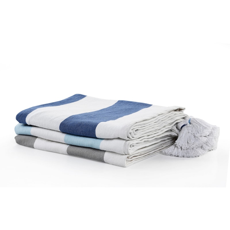 HomeRoots 50" X 60" Blue and White Cotton Woven Striped Throw Blanket with Tassels