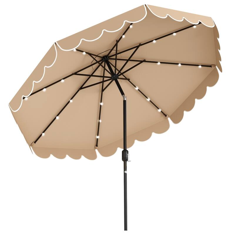 10 Feet Solar Patio Umbrella with LED Lights Push Button Tilt and Crank Handle for Backyard Deck - Coffee