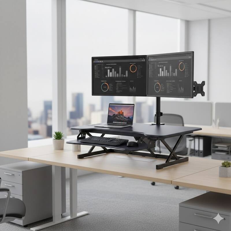 Rocelco 46 in. W White Electric Standing Desk Converter with AC Outlet, USB Charger and Dual Monitor Arm Mount System