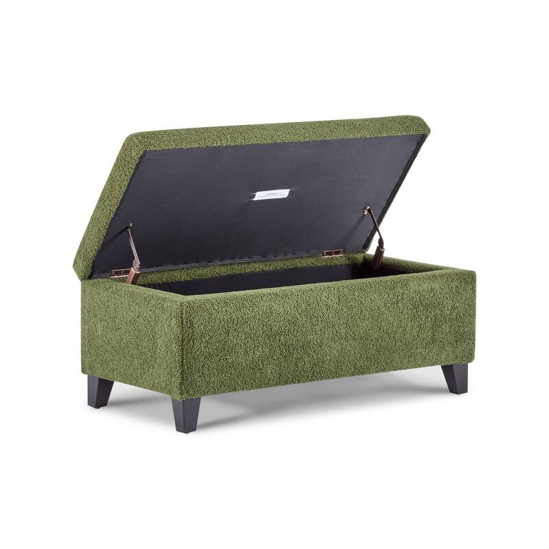 Storage Ottoman with Flip-Top Lid, Easy Assembly, Boucle Fabric & Birch Wood Legs, Green