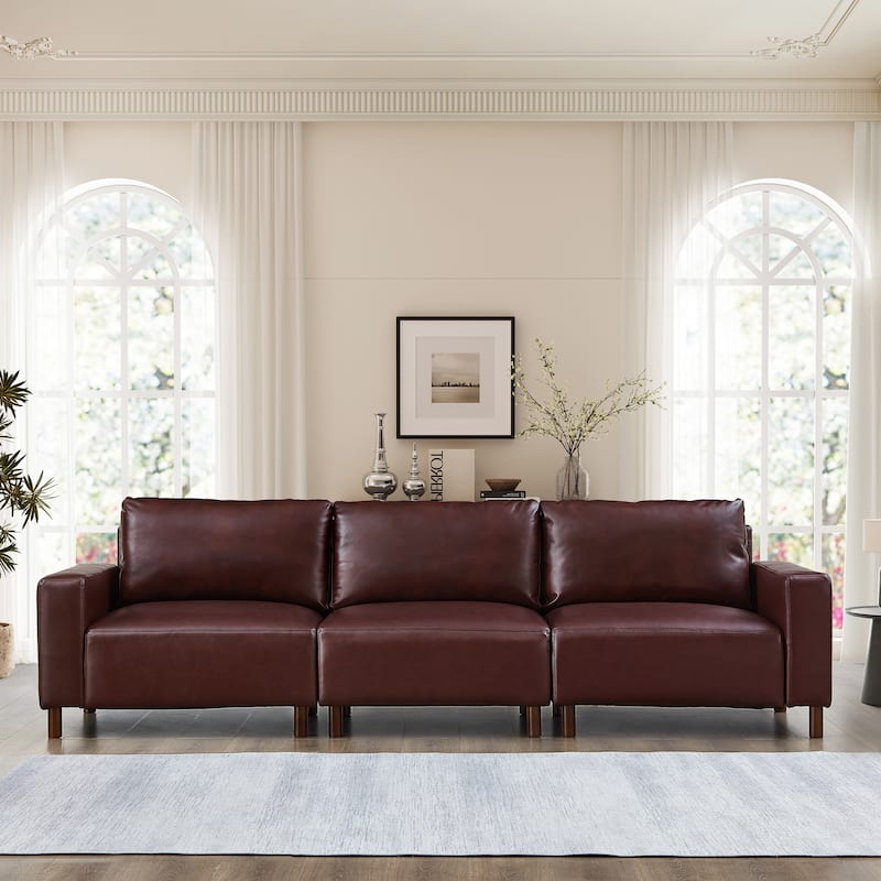 Roomfitters 112" Modern Extra Large 4-Seater Sofa, PU Leather Sectional Couch with Solid Wood Legs for Living Room - Burgundy
