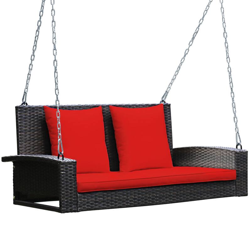 Costway 2-Person Patio Rattan Hanging Porch Swing Bench Chair Cushion