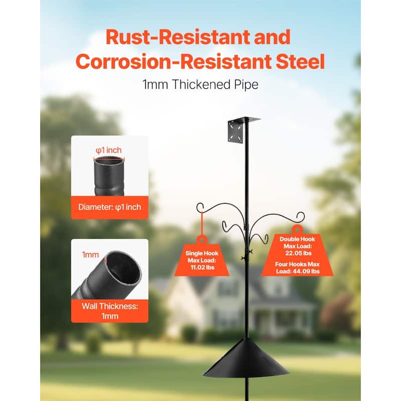 Extra Tall Garden Shepherd Hook 93" Black Steel Pole with 4 Hanging Hooks for Feeders and Plants - 22.24” x 22.24” x 93.31”