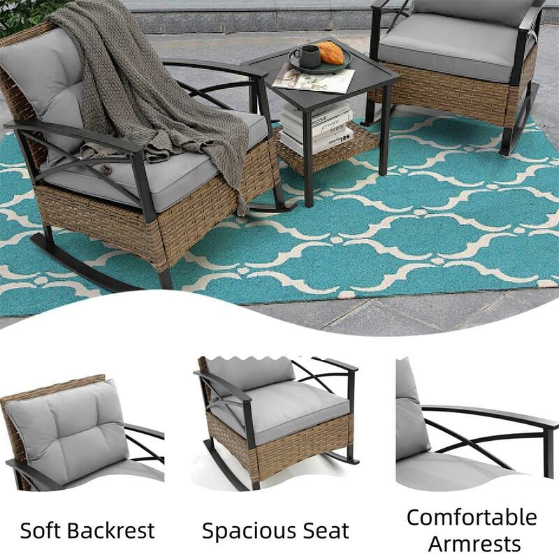 3 Pieces Patio Rocking Rattan Set, Outdoor Bistro Set with Cushions - 1 Table,2 Rocking chairs