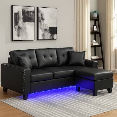 Renza Sectional Sofa Chaise with LED Lights, 2 Pillows, Black 74 Inch